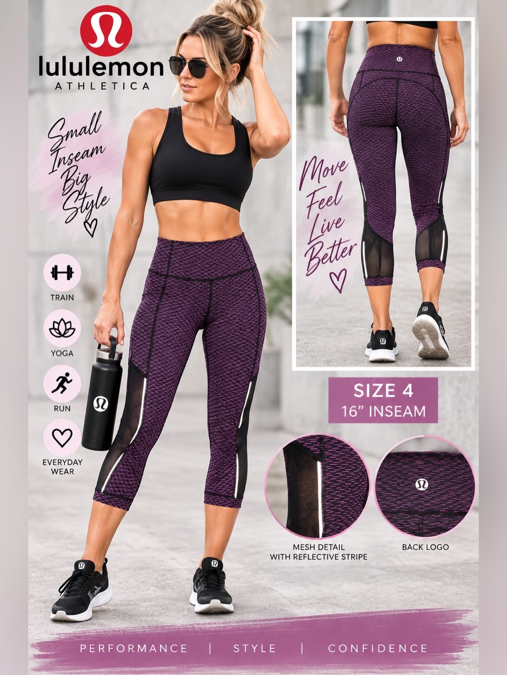 Lululemon Size 4 Purple Black Mesh Cropped Leggings 16” Inseam